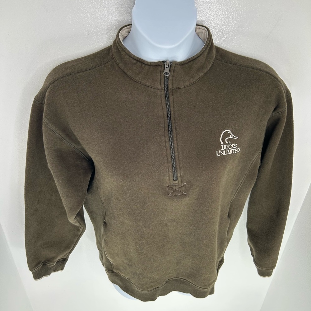 Ducks Unlimited 1/4 Zip Sweatshirt Womens Medium Elbow Patches Brown Pockets - Picture 5 of 9